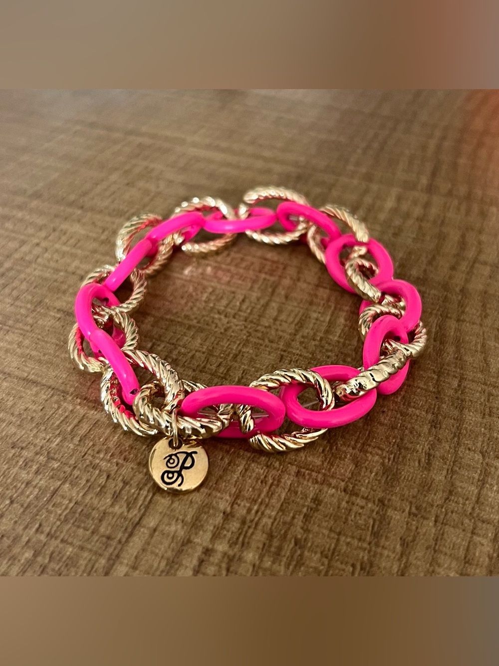 Plunder Gold and Hot Pink Link Bracelet with Charm